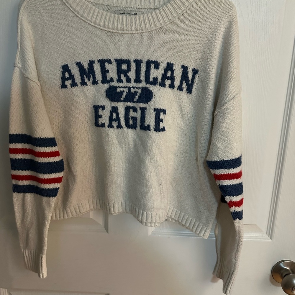 American Eagle Outfitters Cream and Blue Crew Neck Sweater